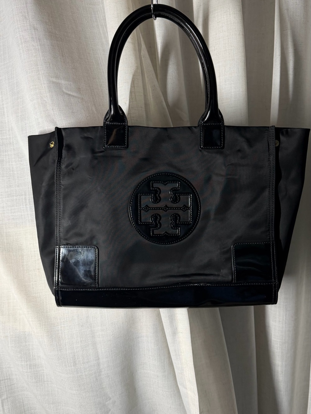 Tory Burch Black Nylon Tote with Patent Trim
